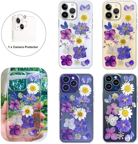 Miniatura 2 de Abbery Funda diseñada para iPhone 14 Pro, funda seca prensada con purpurina transparente, bonita y transparente con diseño de silicona suave, goma