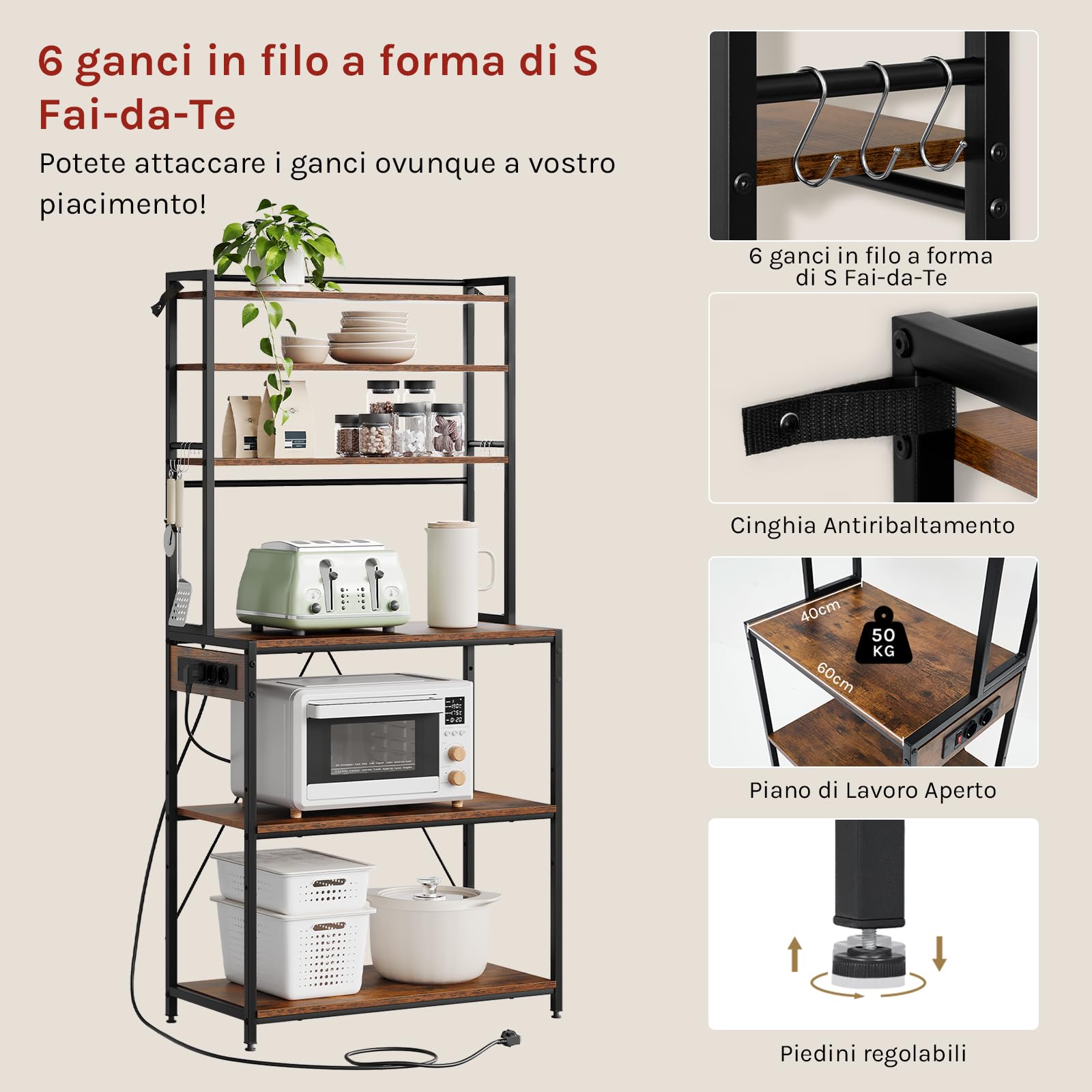 WOLTU Scaffale da Cucina a 6 Livelli con Prese di Corrente, Scaffale per Microonde con Struttura in Metallo e Piano di Lavoro Aperto, Nero+Marrone Rustico, 80x39,5x167cm