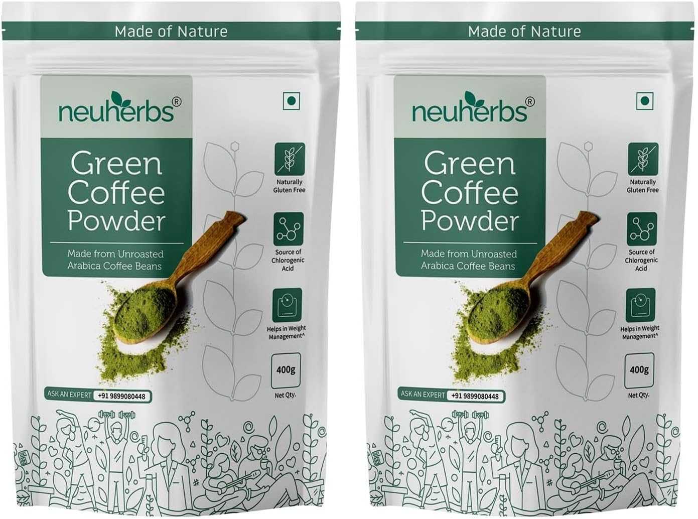 Neuherbs Unroasted Arabica Green Coffee Beans Powder | With Chlorogenic Acid | For Weight Loss Management (400 gm Powder Pack of 2)