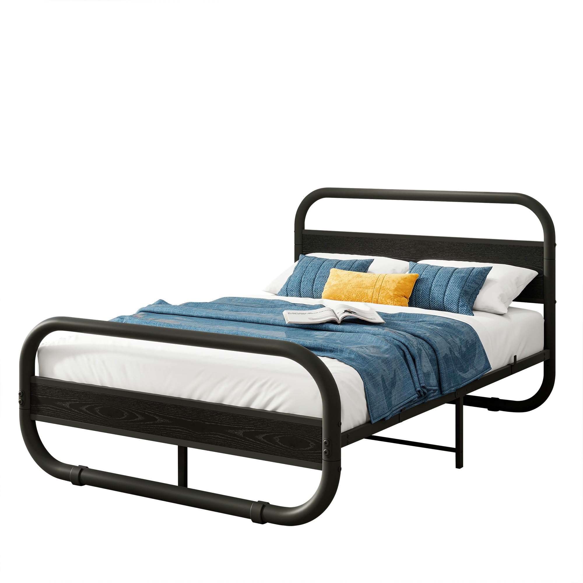 HOMERECOMMEND Metalowe łóżko 120 x 200, rama łóżka z metalu i drewna ze stelażem, rama łóżka 120 x 200 cm z zagłówkiem, owalne łóżko platformowe z miejscem do przechowywania pod łóżkiem, czarne