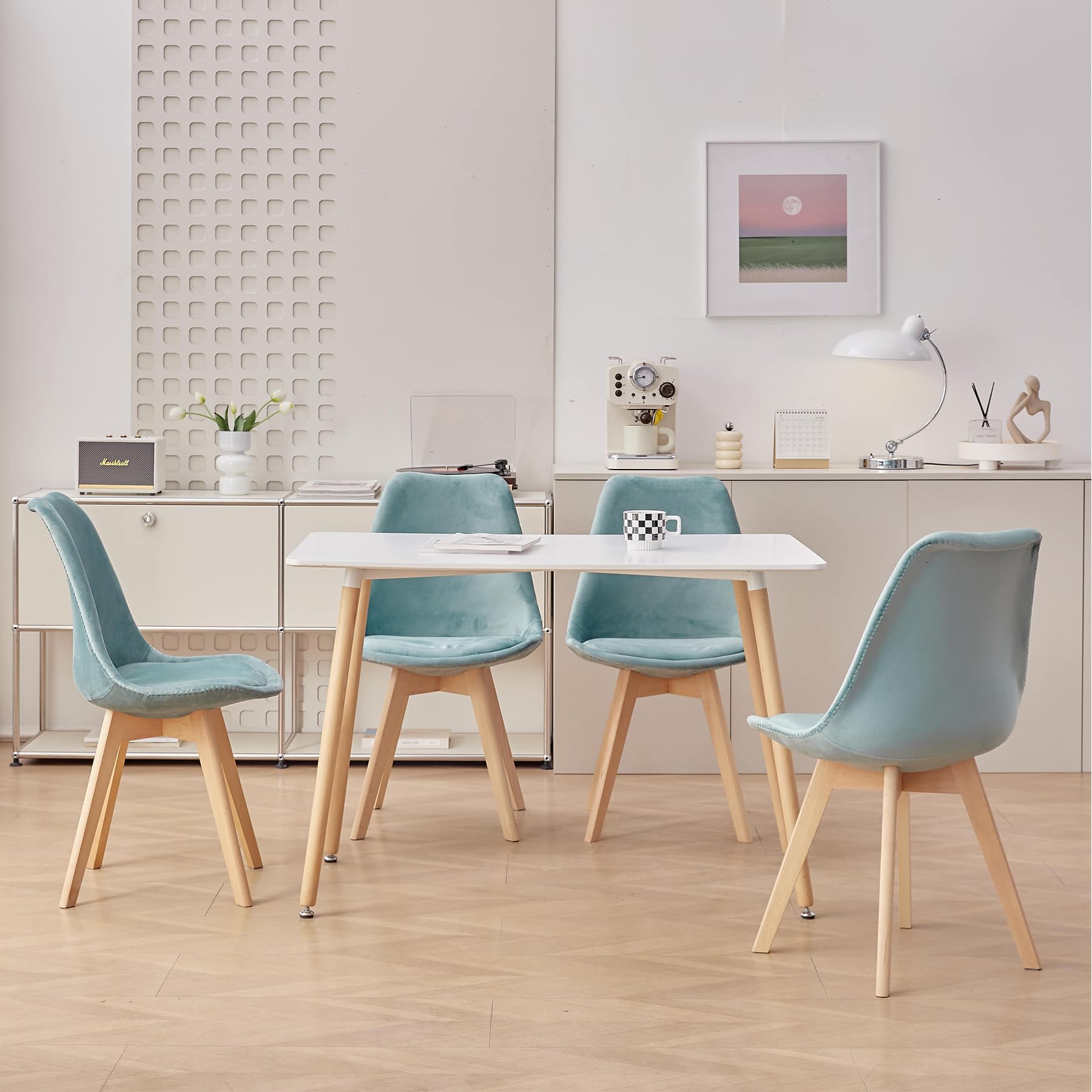 HJhomeheart Set di 4 Sedie da Pranzo in Tessuto Patchwork con Cuscino del Sedile e Gambe in Legno Massello per Sala da Pranzo, Soggiorno, Cucina, ecc. (Verde Patchwork)