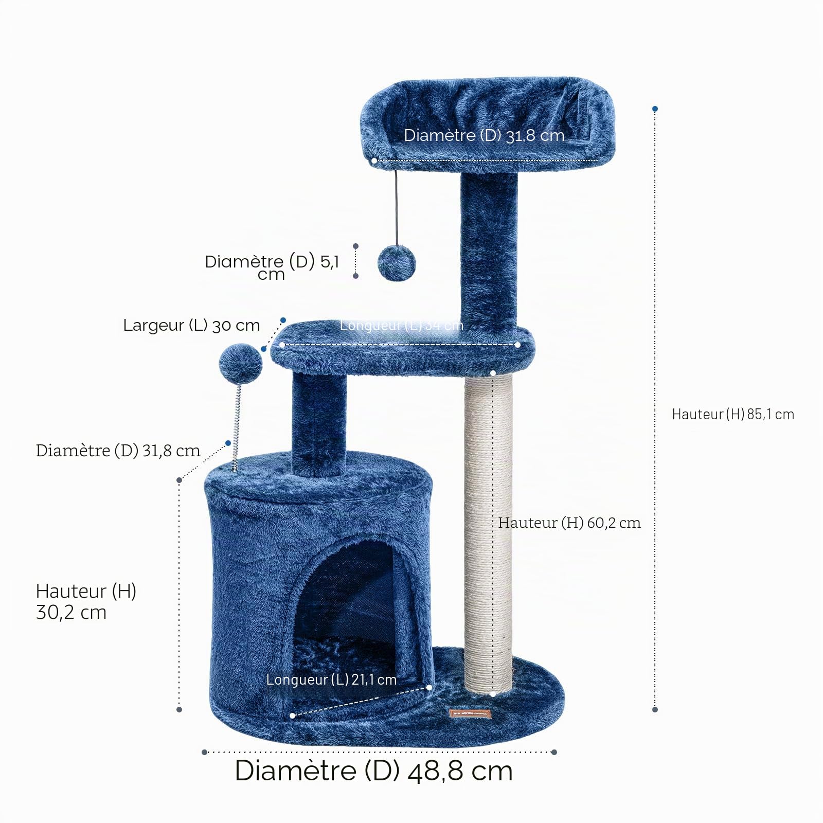 ClevaHome Arbre à Chat Bleu Denim pour Petits Chats – Arbre à Griffer Multi-Niveaux 85 cm avec Perchoirs Douillets, Jouet Pompon et Poteaux Sisal pour Chatons d’Intérieur