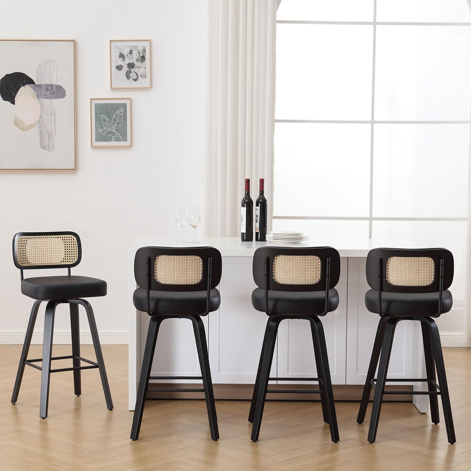 Bekrvio Swivel Counter Height Bar Stools Set of 4, Upholstered Faux Leather Barstools with Rattan Back, 26" Seat Height Bar Chairs Island Stools for