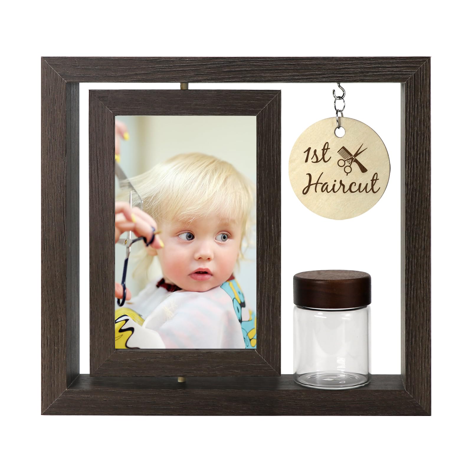 Custom My First Haircut Keepsake Frame - Rotatable Display of Before and After Haircut Photos with Glass Keepsake Jar for Baby Hair,Newborn Memory Gift for Boy or Girl,Holds Two 4x6 Pictures (brown1)