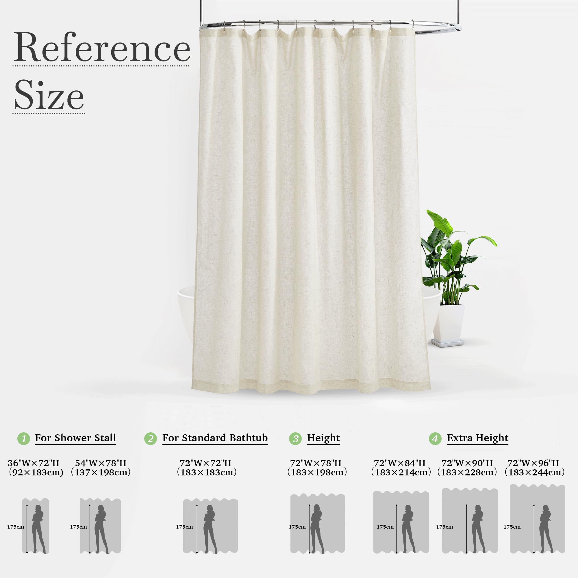 KGORGE Rideau de Douche en Lin Naturel pour Salle de Bain – Rideau de Douche Semi-Transparent et imperméable en Lin mélangé avec Trou de Bouton pour Baignoire, 182,9 x 243,8 cm de Long, Crochets