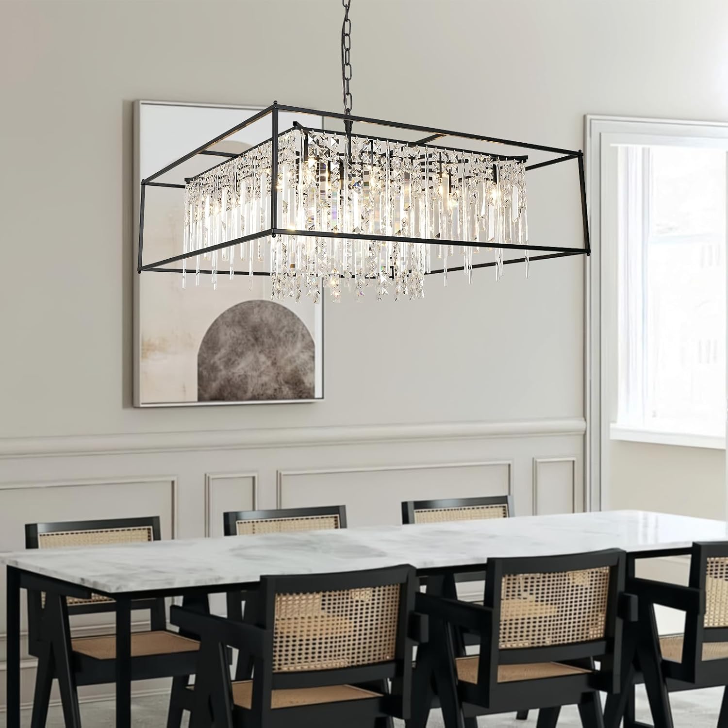 Modern Black Farmhouse Crystal Chandelier, 35" Industrial Square Chandeliers Modern Luxury Adjustable Ceiling Pendant Light Fixture for Kitchen Island Dining Living Room Bedroom Foyer
