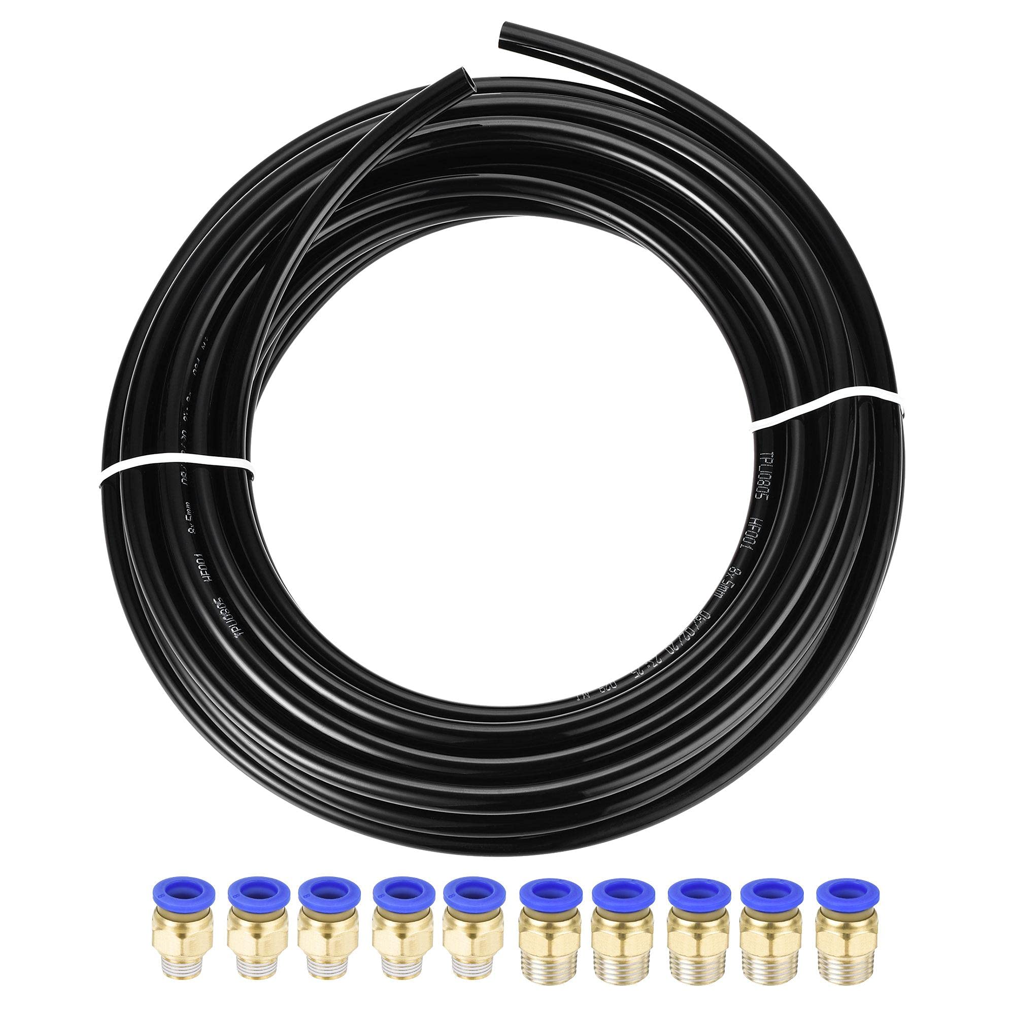 uxcell Kit de tuyau pneumatique en polyuréthane de 8 mm de diamètre extérieur - 10 mètres - Noir - Avec 10 raccords à pousser pour connecter