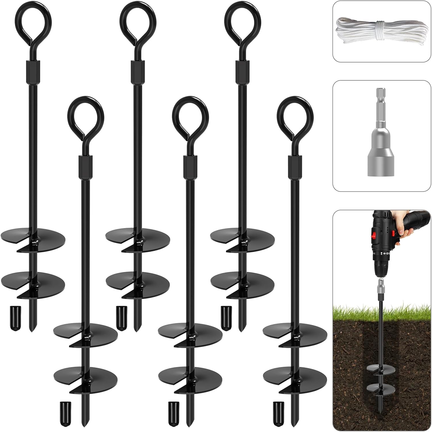 ABCCANOPY 14" Heavy Duty Metal Tent Stakes, 6 Pack Ground Anchors with Hex Head Driver and Ropes for Trampoline,Camping, Outdoor Events
