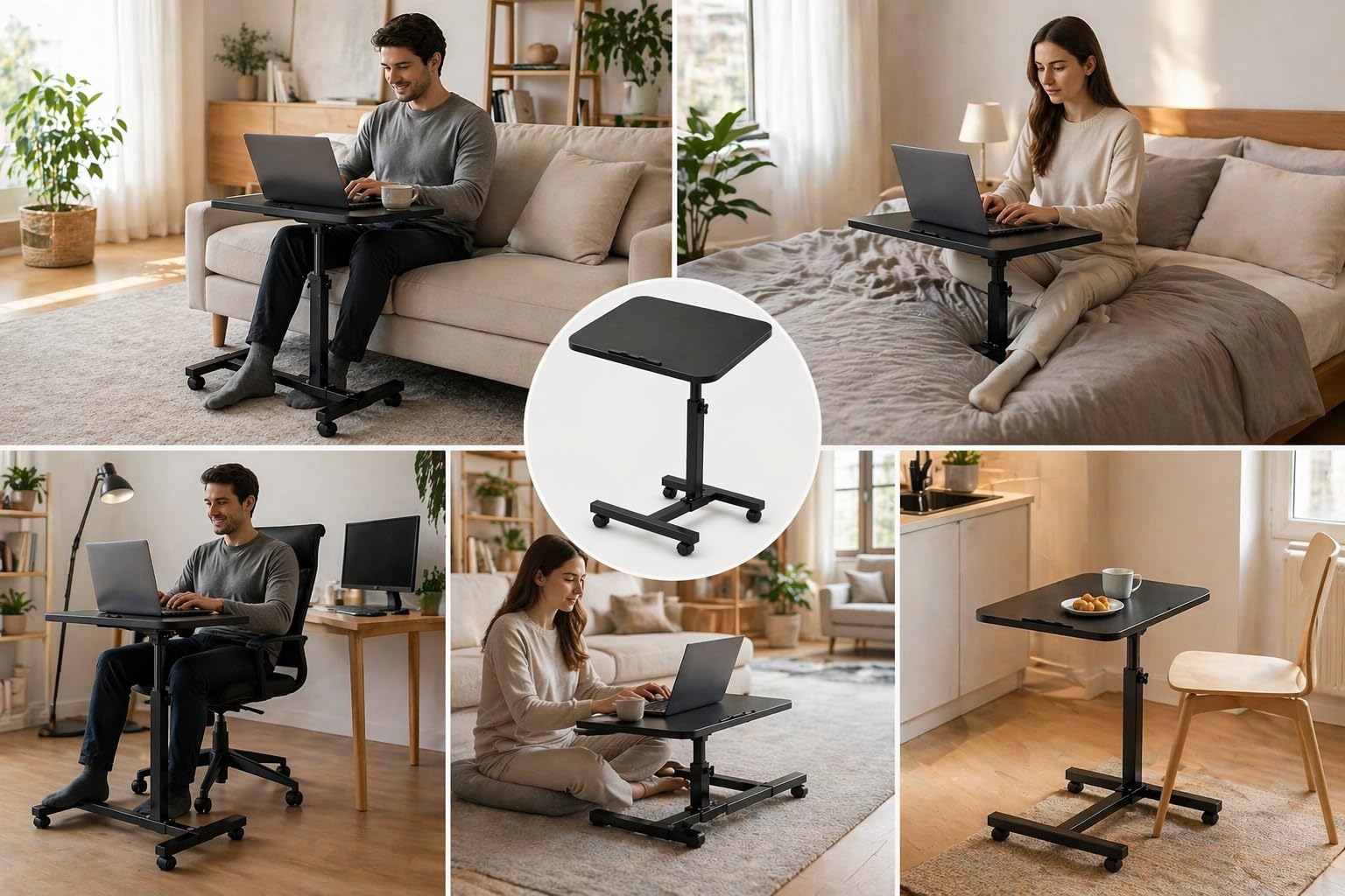 Generico Tavolino Laptop Regolabile con Ruote, Tavolo PC per Divano e Letto, Altezza Regolabile 59–89 cm, Tavolino Porta Notebook Girevole 360°, Scrivania Salvaspazio per Casa Ufficio