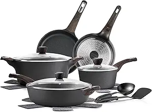 SENSARTE Pots and Pans Set Non stick, Non toxic Healthy Induction Cookware Set, 14 Pcs Non Stick Kitchen Cooking Set with Frying Pans Set & Saucepan, PFOA PFOS APEO Free, Black