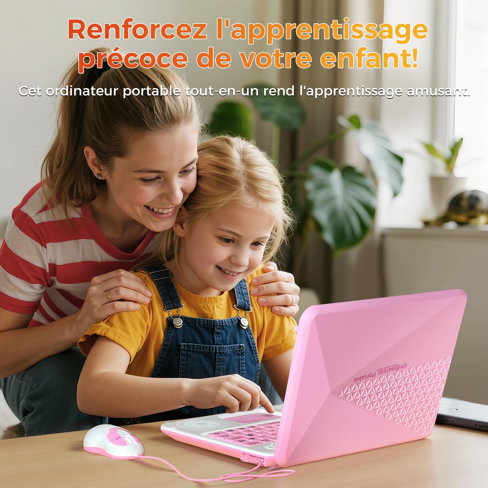 Ordinateur Enfant - Ordinateur Éducatif Bilingue - Jouet Fille avec 130 Jeux pour Apprendre l'Anglais, Le Français, Les Maths, Cadeau d'anniversaire de Noël pour Garçons Filles - Rose