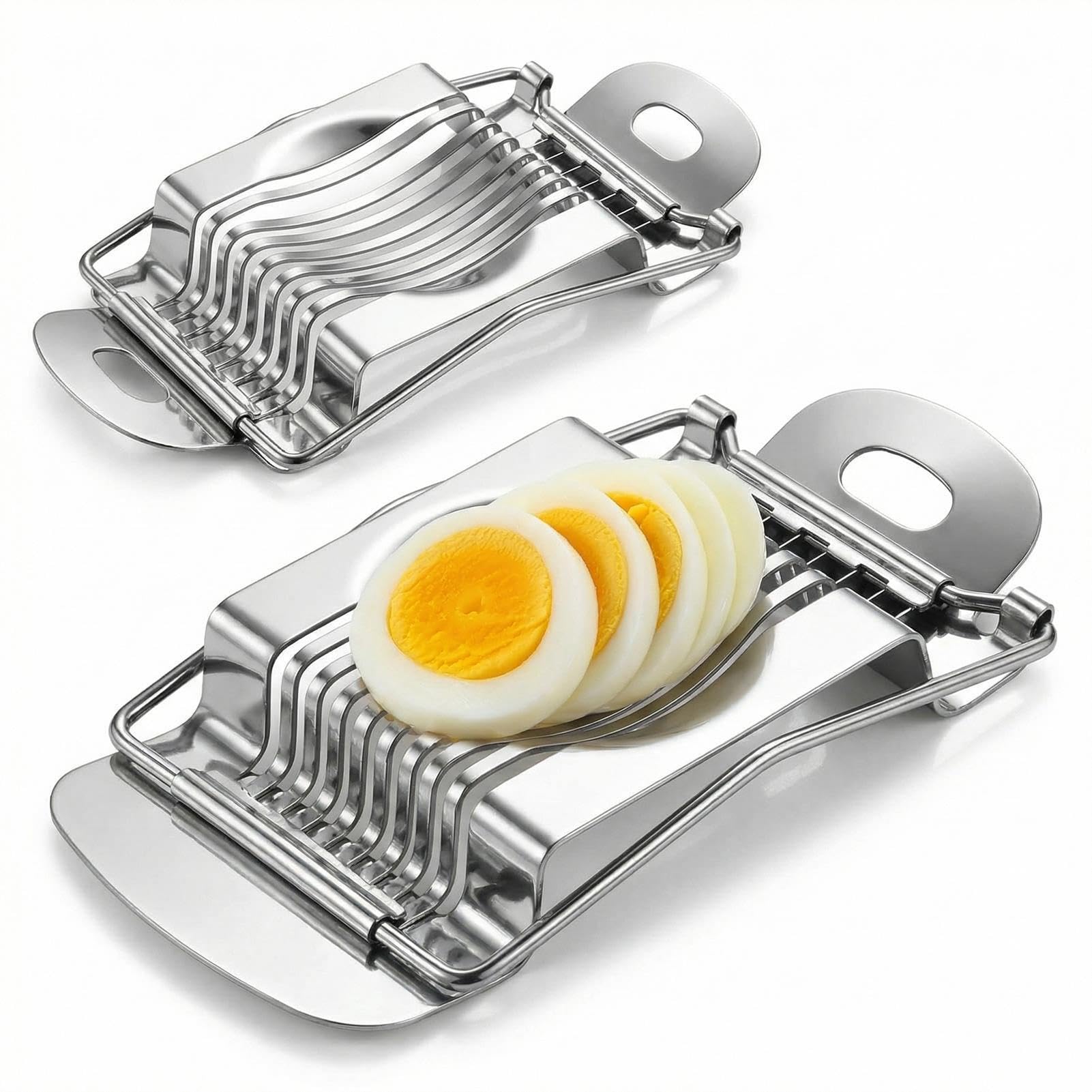 2PCS Egg Slicer for Boiled Eggs, Hangable Stainless Steel Boiled Egg Cutter, Multifunctional Manual Eggs Cutter Slicer, for Hard Boiled E-GGS, Strawberry, Banana, Ham