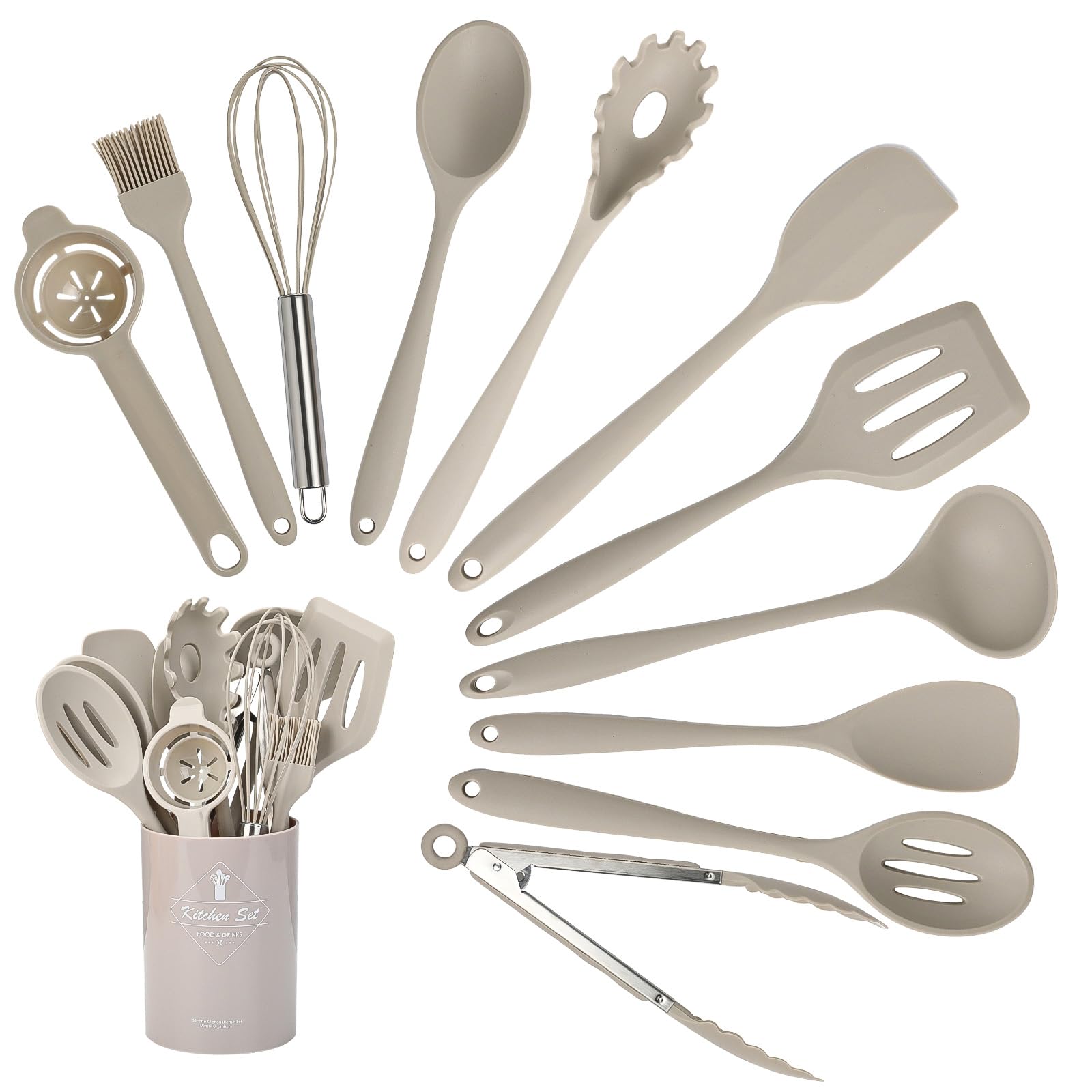 VINATO Set Ustensile Cuisine 12 Pièces en Silicone Alimentaire, Ustensiles de Cuisine sans BPA, Lavable au Lave-Vaisselle, Kaki