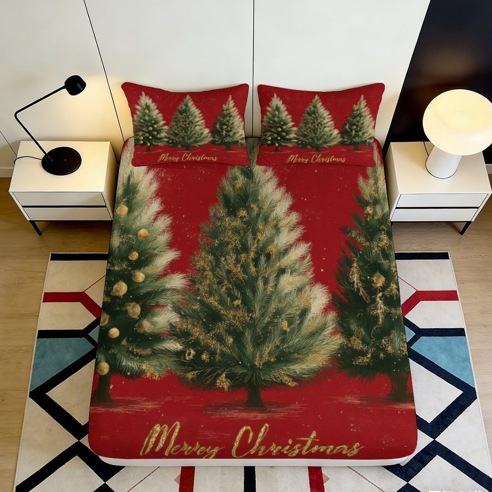 Zfldkwgb Style-10 3D Printed Christmas Tree Fitted Sheet Microfiber Soft Red Festive Bedroom Decor Ornament Bed Cover 90X200x25cm
