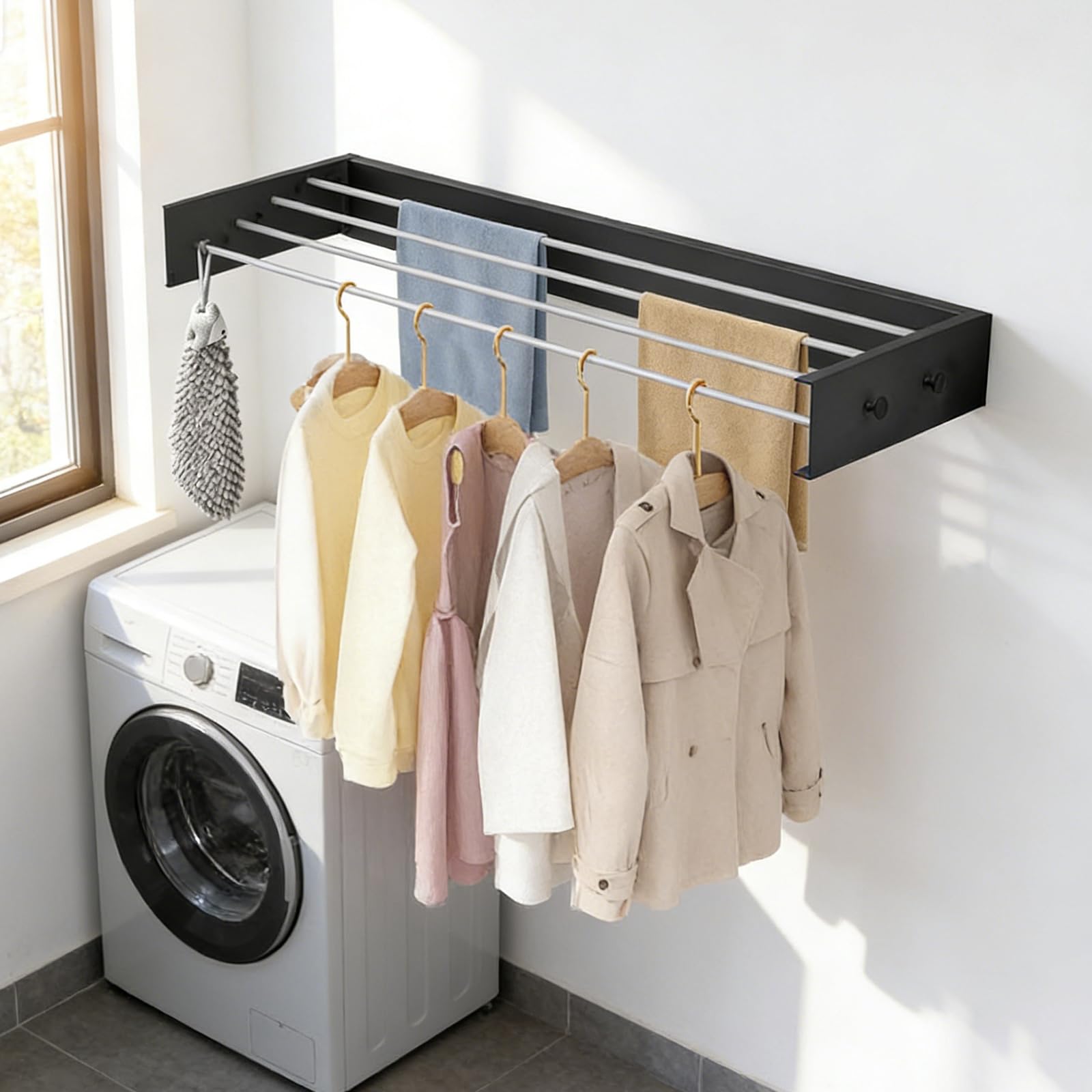 Séchoir à linge mural avec crochets de mise à niveau, simple, pliable, pour l'intérieur ou l'extérieur, extensible pour balcon, 60 cm avec 4 crochets, noir