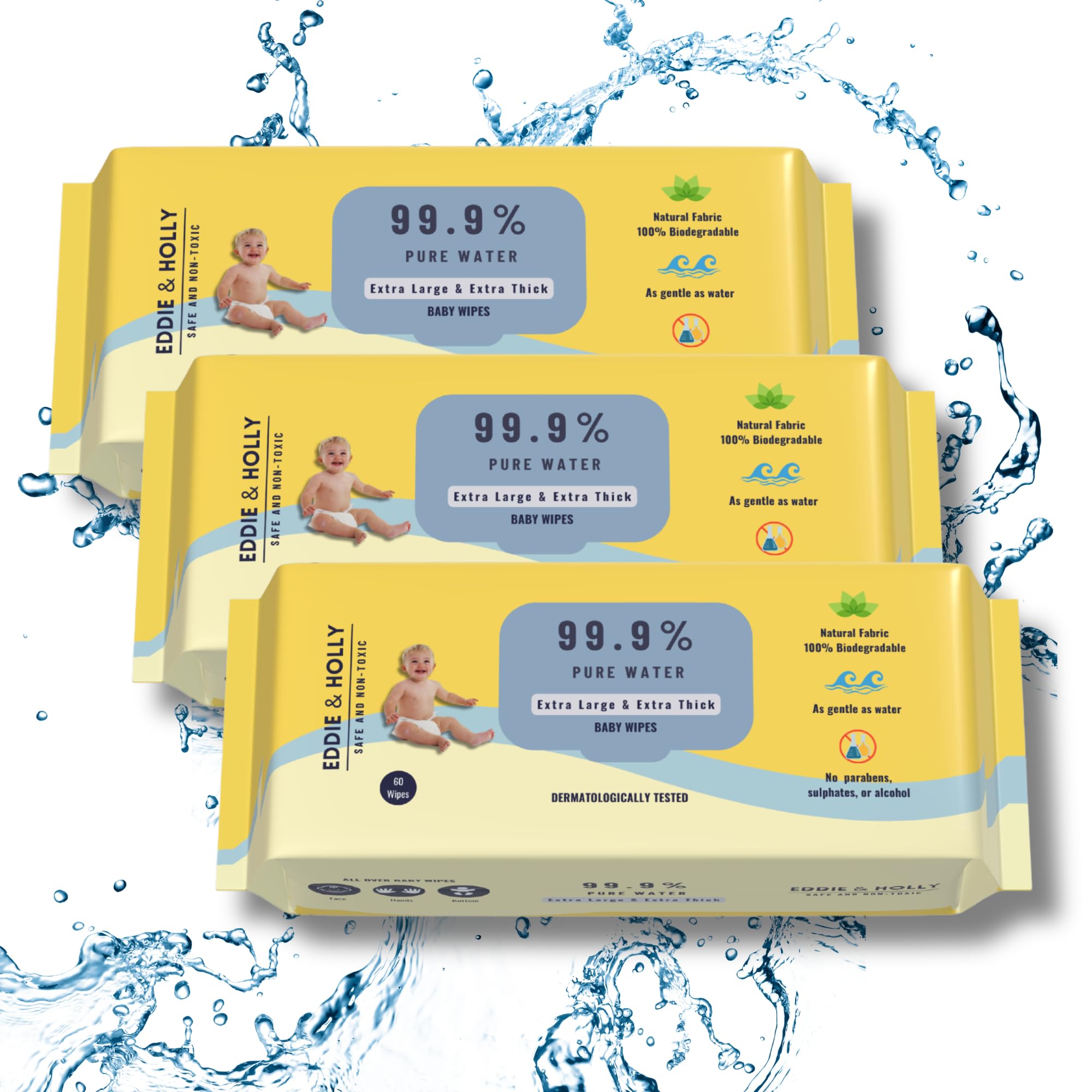 - 99.9% Water Baby Wet Wipes | 2X Larger & 3X Thicker | 100% Plant based Fabric | Unscented | Zero Rash Wipes | Wipes for New Born Baby & Mother | Suitable for Sensitive Skin (3 X 60)