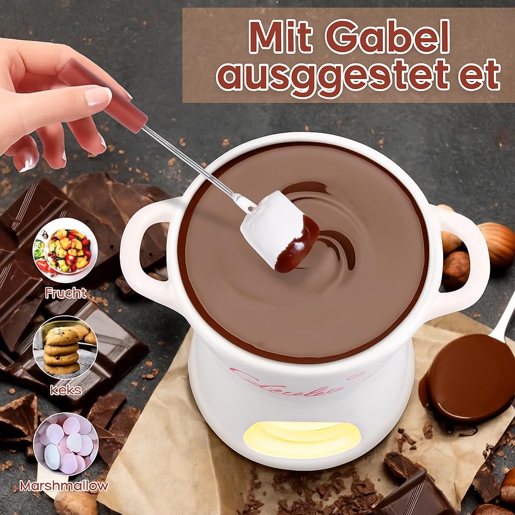 Schokoladenfondue Becher mit Edelstahl-Gabeln, Schokofondue Tasse 300ml, Chocolate Fondue Tasse, Teelichthalter, Keramik Schoko-Fondue Tassen (Weiß)