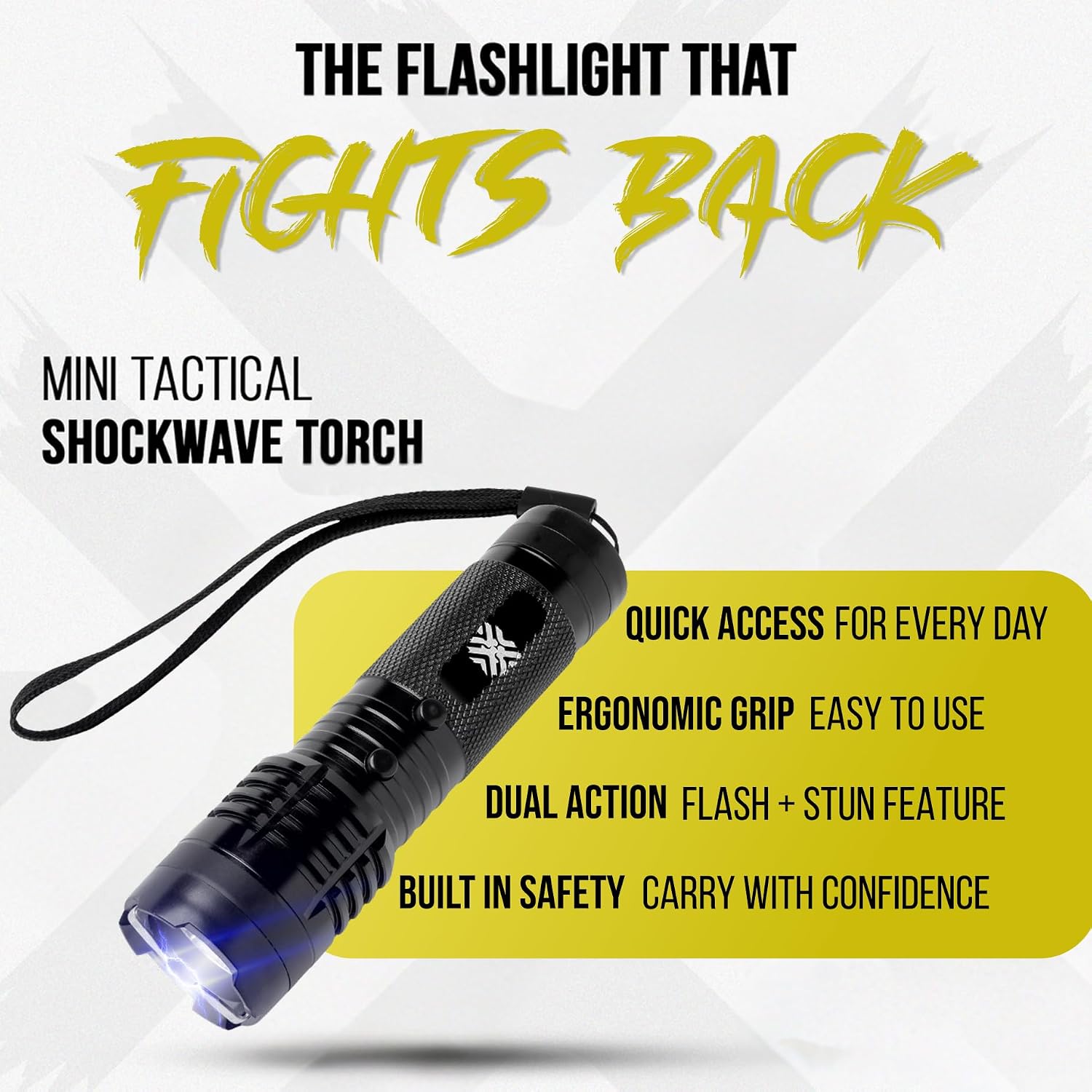 Pain Safari Shockwave Mini Tactical Flashlight | Ultra-Compact, Palm-Sized Design | 15,000 Volts & 2 Amps to Deter Attackers | 200-Lumen Flashlight | No License Needed | Rechargeable