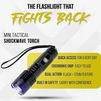 Pain Safari Shockwave Mini Tactical Flashlight | Ultra-Compact, Palm-Sized Design | 15,000 Volts & 2 Amps to Deter Attackers | 200-Lumen Flashlight | No License Needed | Rechargeable