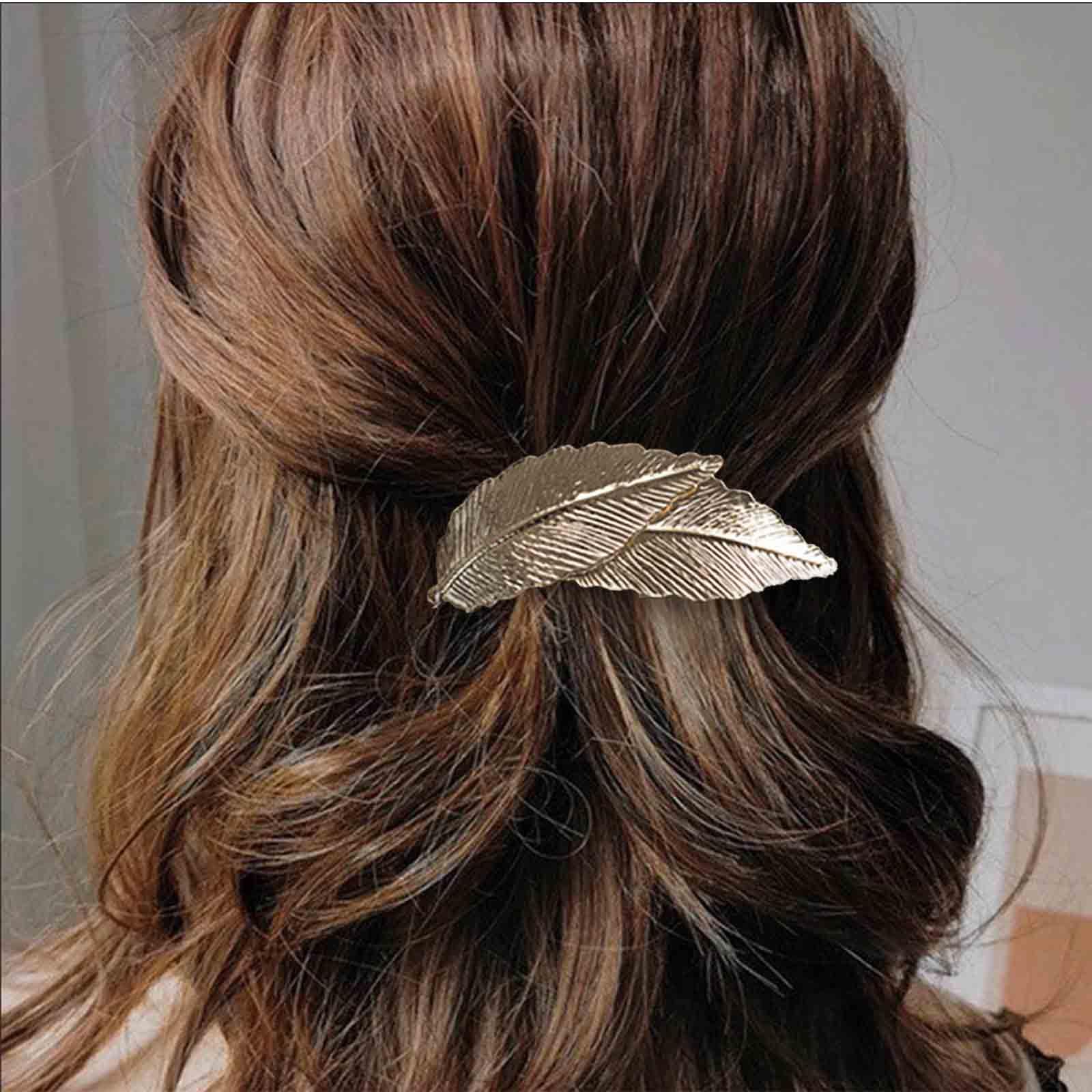 Enautoabs French Metal Hair Barrette Hairclips Gold Large Leaf Hairclip Pin Metal Ponytail Holder Hair Clips Minimalist Barrette Decorative Hair Accessories for Women Headdress(Gold Leaf B) - Image 2