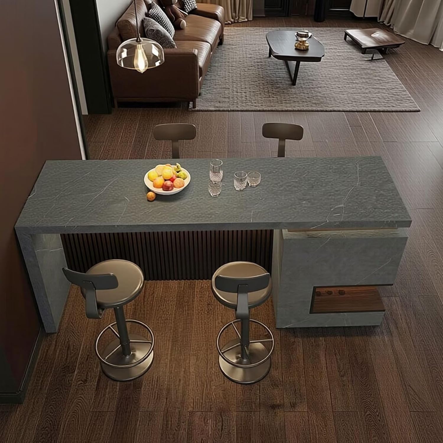 Bar Table - High Top Bar Table with Grey Stone Effect, Modern Living Room Tall Counter Includes Hidden Storage Shelf for Living Room (56IN No Chairs)
