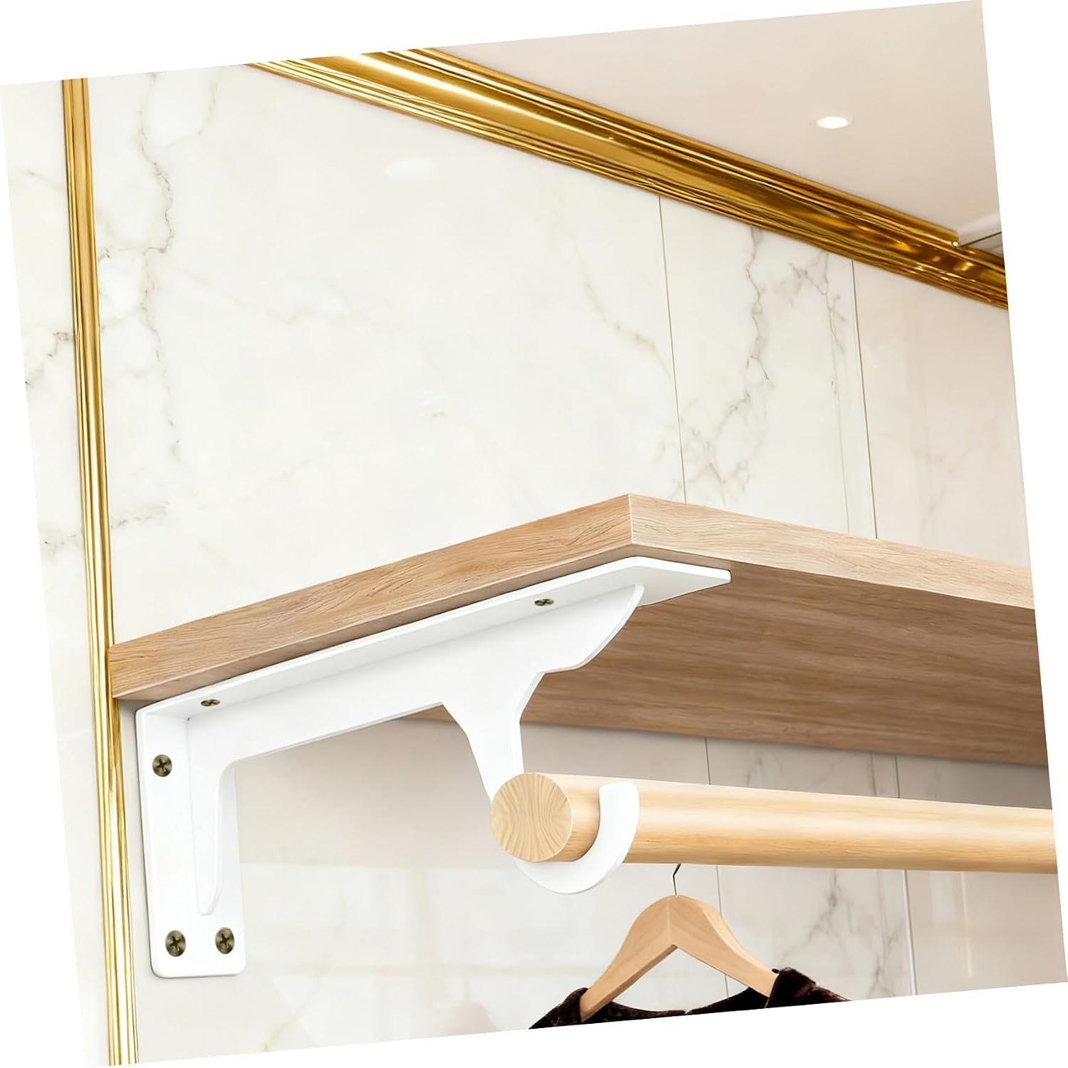 Amosfun 2pcs Wall Mounted Closet Rod Brackets with Hooks, Heavy Duty Cold-Rolled Steel Shelf Supports, Easy Installation, Multipurpose Functionality for DIY and Balcony Use, White