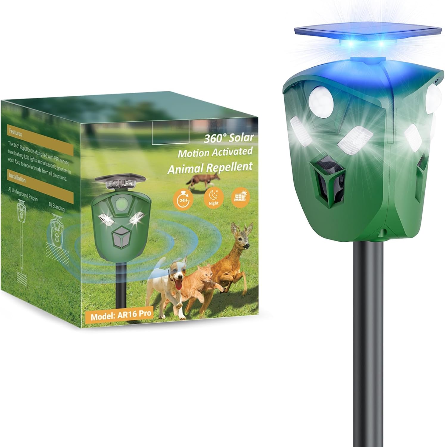 360° Solar Ultrasonic Animal Repellent Outdoor, Deer Repellent Devices with Flash Lights, Animal Deterrent Devices Outdoor for Squirrels, Snakes, Cats, Dogs, Rabbits, Opossums, Coyotes, Raccoons
