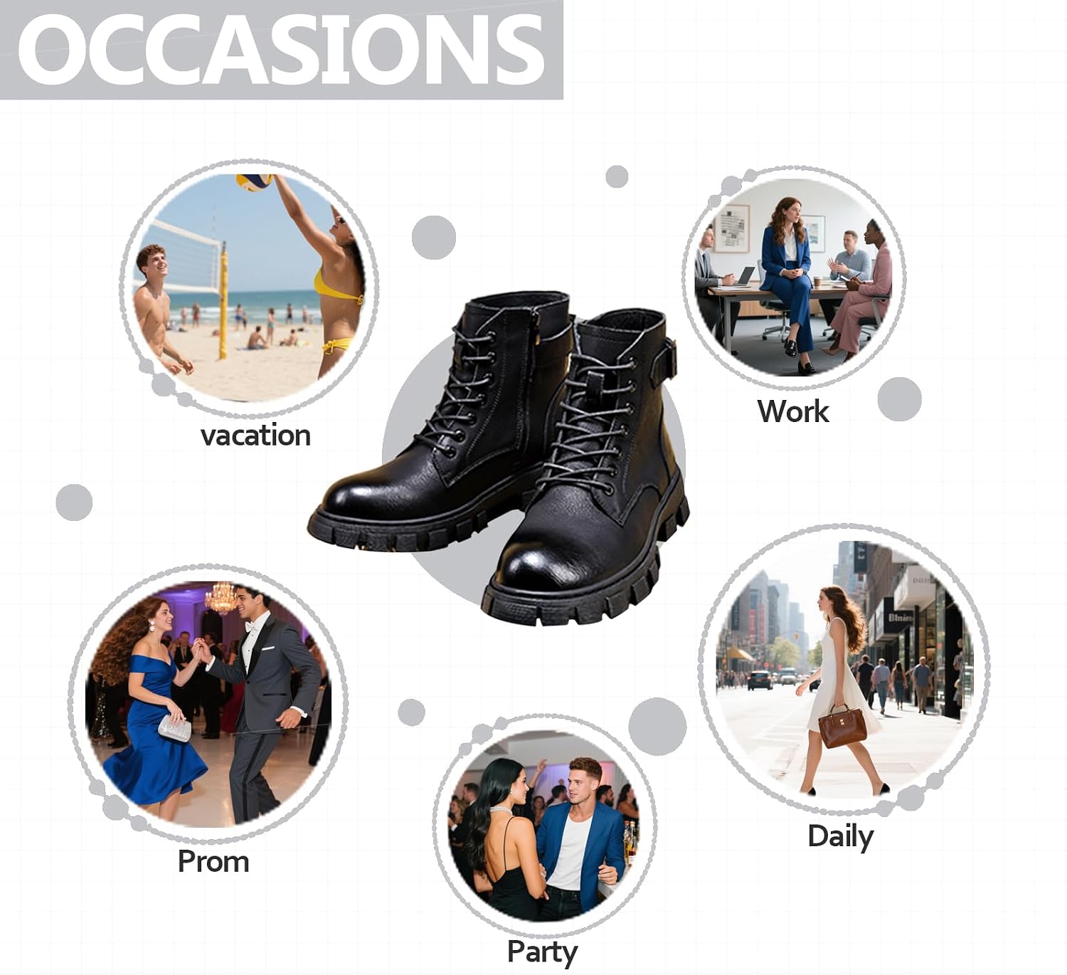 Mens Side Zipper Oxford Boots Comfy Round Toe Splicing Lace-Up Low Chunky Heel Height Increasing Business Chukka Dress Boots For Walking Daily