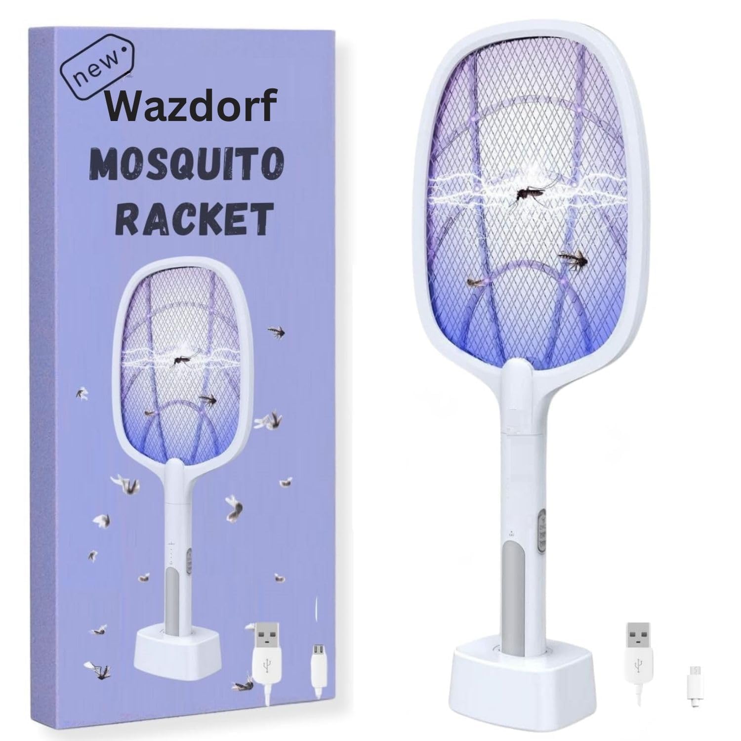 2 in 1 Rechargeable Electric Mosquito Swatter Bat with Purple UV Light Trap Lamp and Charging Base Stand High Voltage Bug Zapper Racket for Home Bedroom Outdoor-image-30