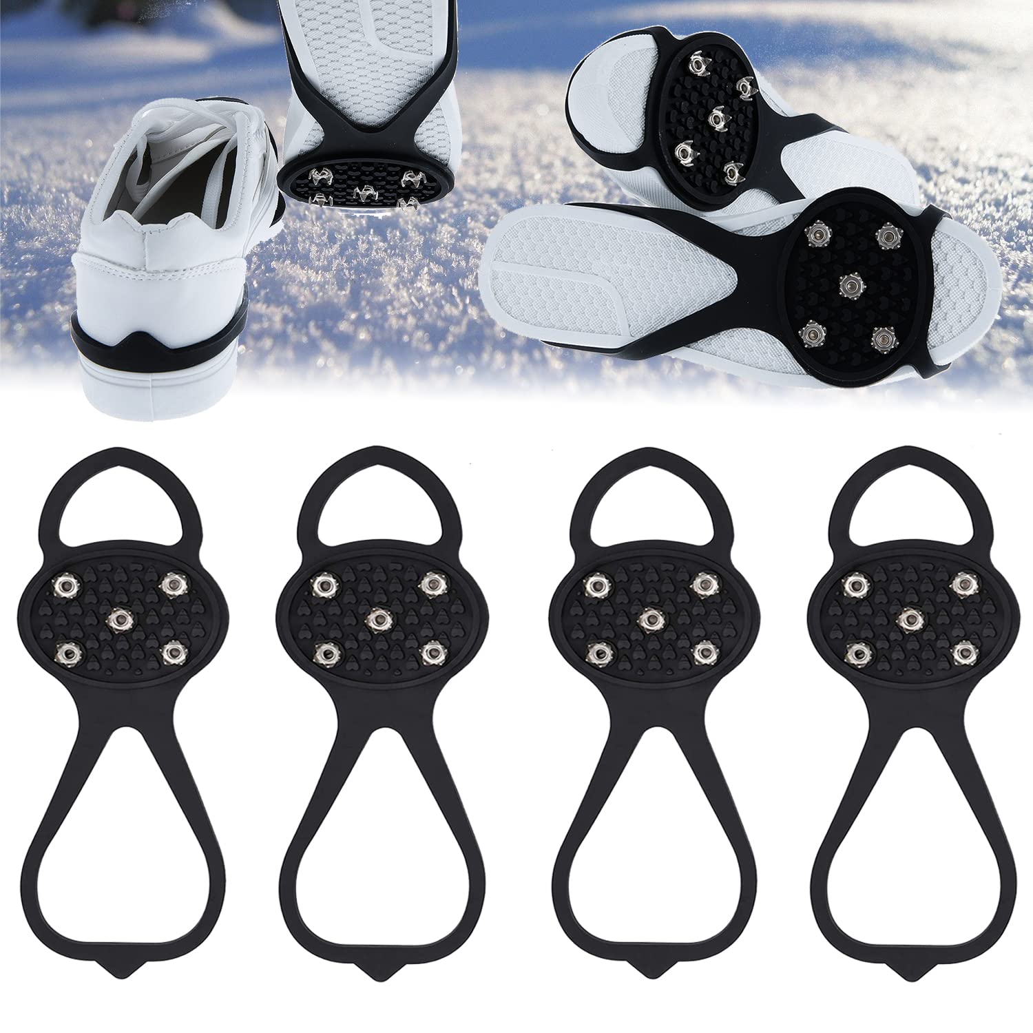 2 Pair Universal Ice Cleats,Non Slip Gripper Spikes,5 Steel Studs Crampon Ice&Snow Grippers,Snow Traction Cleats for Shoes,Boot