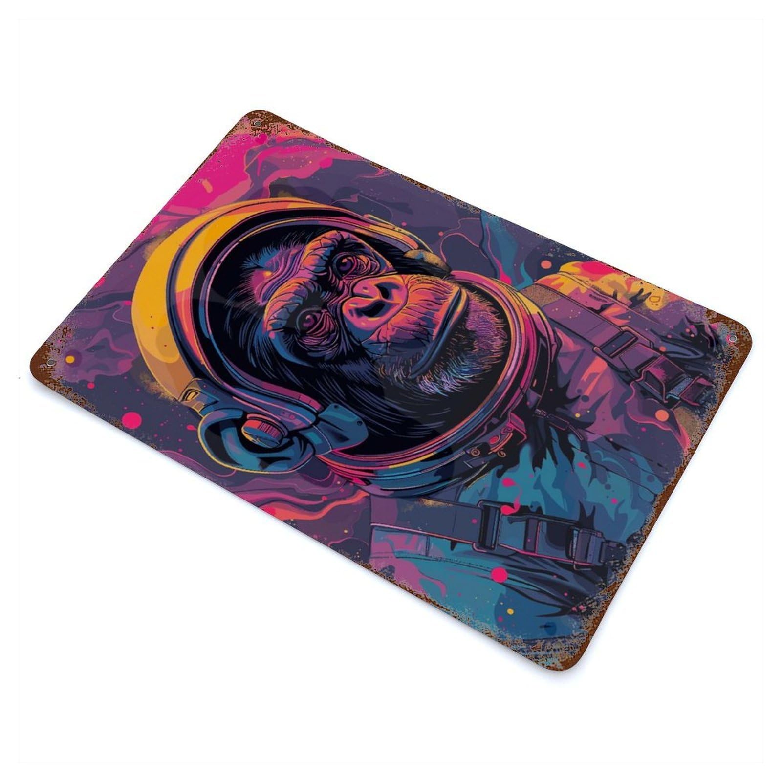Distressed Metal Wall Sign Chimp Astronaut Space 11.8"x7.9", Vintage Wall Decor for Garage, Bar And Workshop Decor