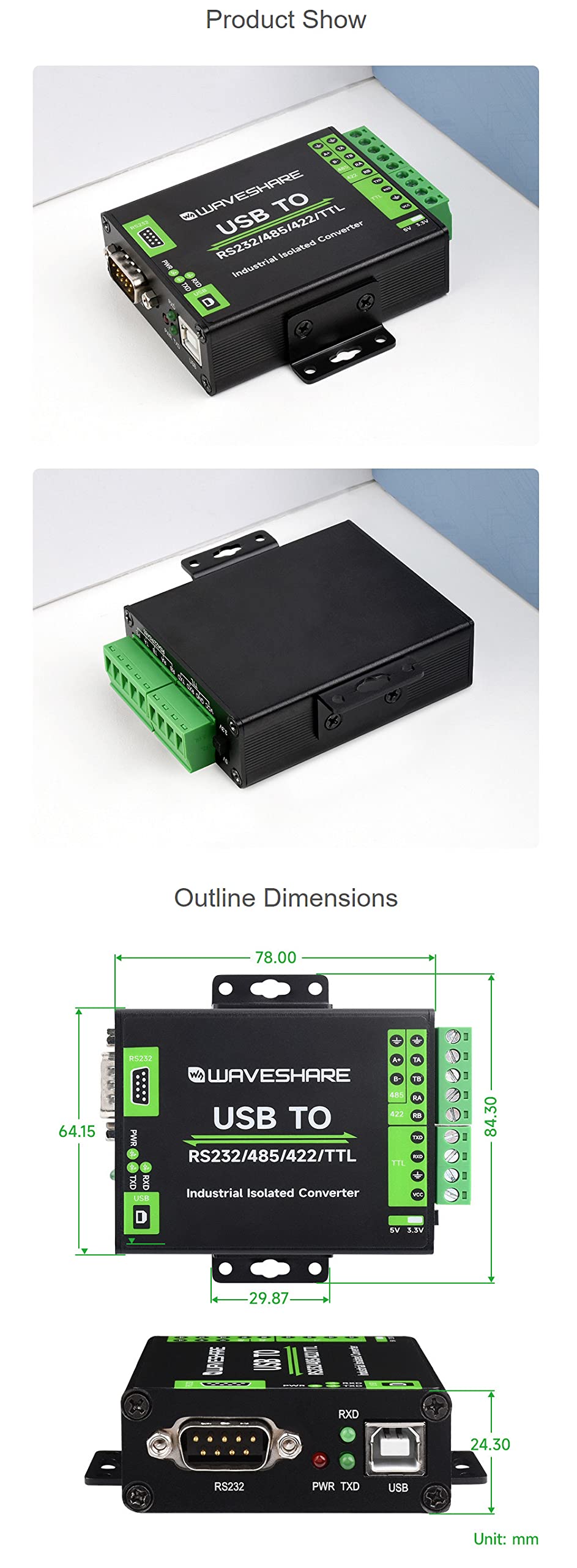 Convertitore USB di grado industriale a RS232/485/422/TTL a bordo FT232RNL Supporto Mac Linux Android Windows 11 10 8.1 8 7 Protezione multipla