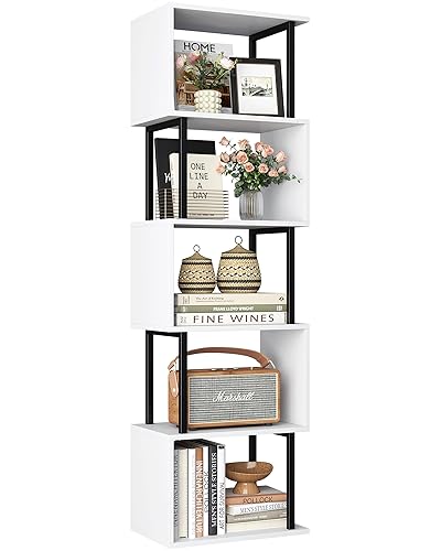 Yusong Geometric Bookcase, S Shaped Bookshelf 5-Tier Corner Book Shelves for Bedroom, Modern Wood Decorative Display Shelf Tall Book Case for Home Office, White - 15"W x 9.5"D x 58.1"H - White