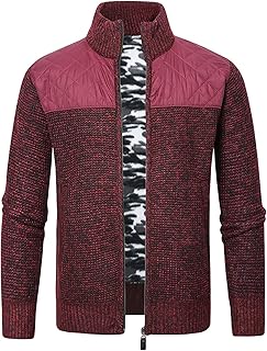 Men Full Zip Casual Knitted Cardigan Slim Color Block Fleece Lined Sweaters Stand Collar Winter Warm Thick Sweater (Red,Large)