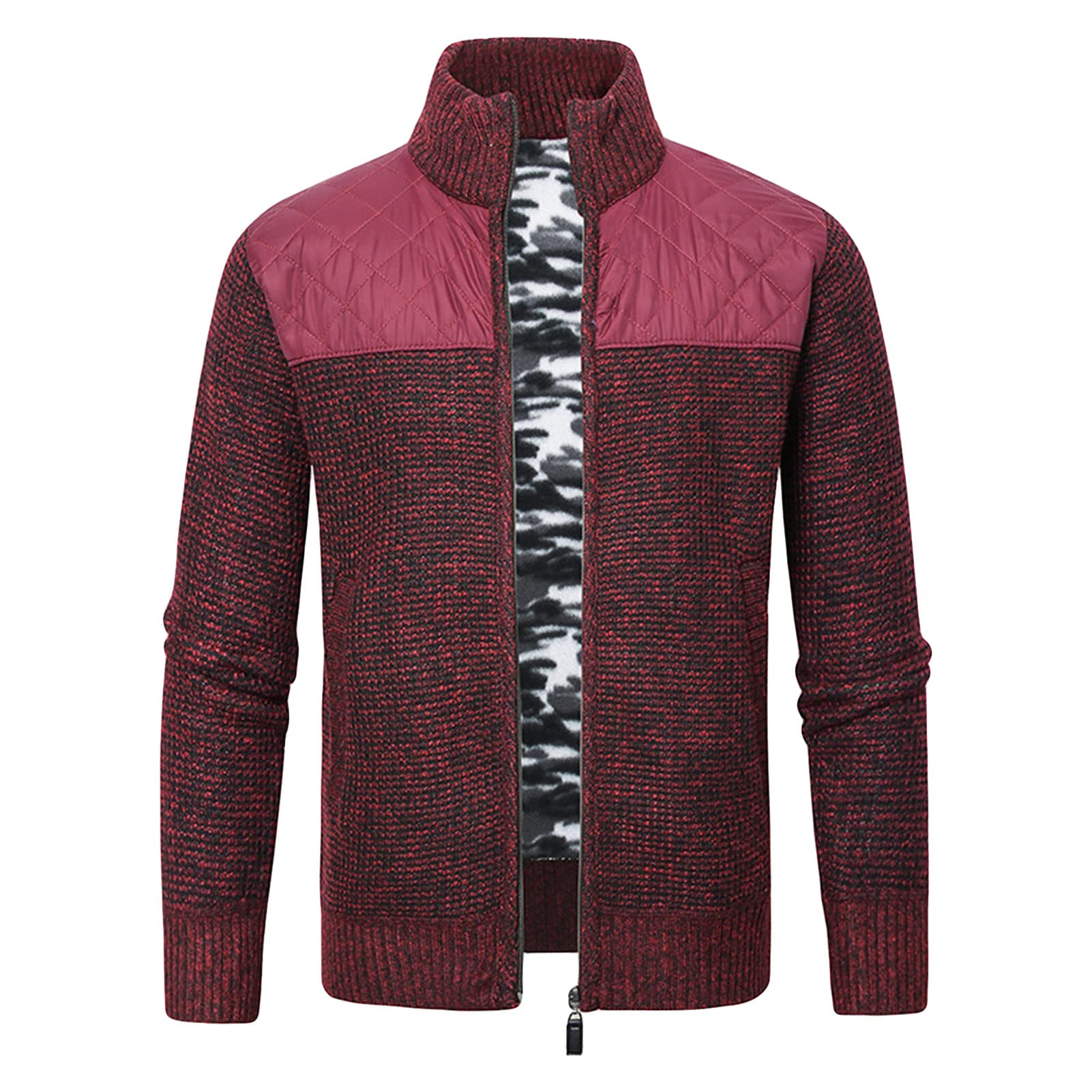 Men Full Zip Casual Knitted Cardigan Slim Color Block Fleece Lined Sweaters Stand Collar Winter Warm Thick Sweater (Red,X-Large)
