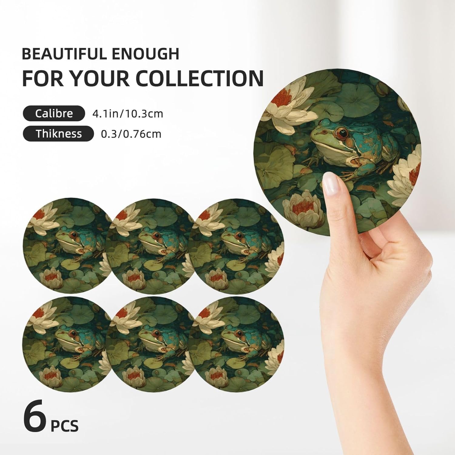 (Frog) Ceramic Coasters Set of 6 with Holder Non-Slip Round Coffee Coasters for for Cup Mug Drink Patio Coffee Table Decor, Christmas Coasters Home Bar Supplies