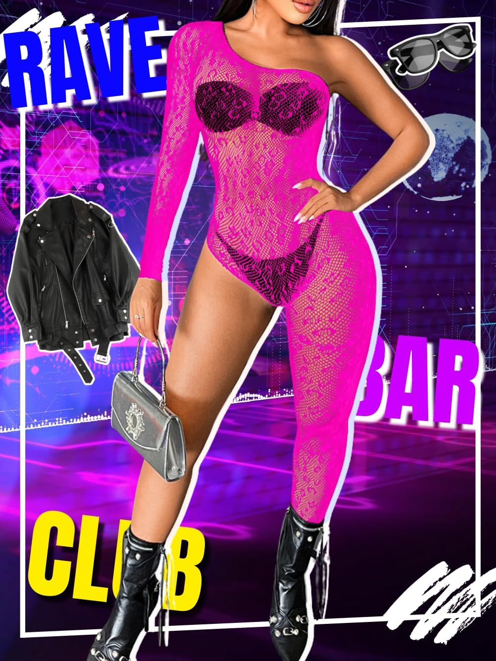 EHSUYAB Womens One Shoulder Fishnet Bodysuit, Sexy Leopard Lace Jumpsuit Rave Club, Body Stockings Exotic Wear Dancer Outfits