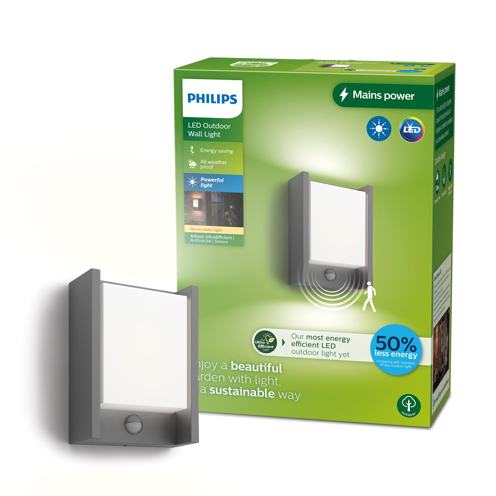 Philips Arbour LED Outdoor ultra effiziente Wandleuchte, 1-flammig, wetterfeste Außenleuchte mit Sensor, warmweißem Licht, energiesparende LED Beleuchtung, anthrazit, Einzelpack