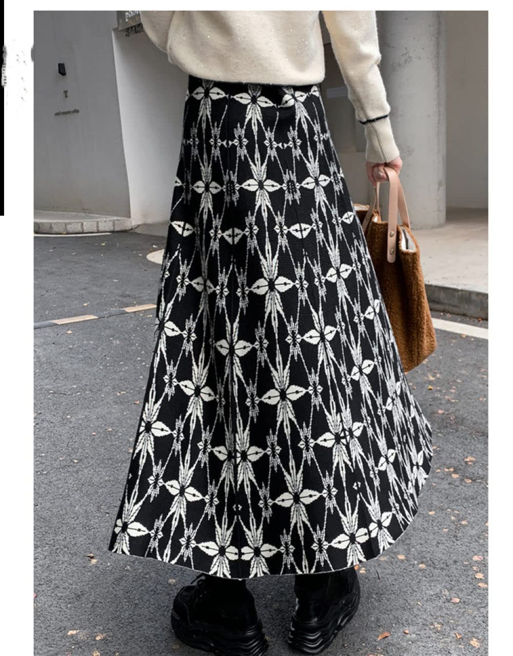 Faldas De Invierno para Mujer, Falda De Talle Alto De Punto Elástico De Flores Vintage Falda De Invierno De Café Acampanada Elegante Faldas Plisadas Midi para M(Black)