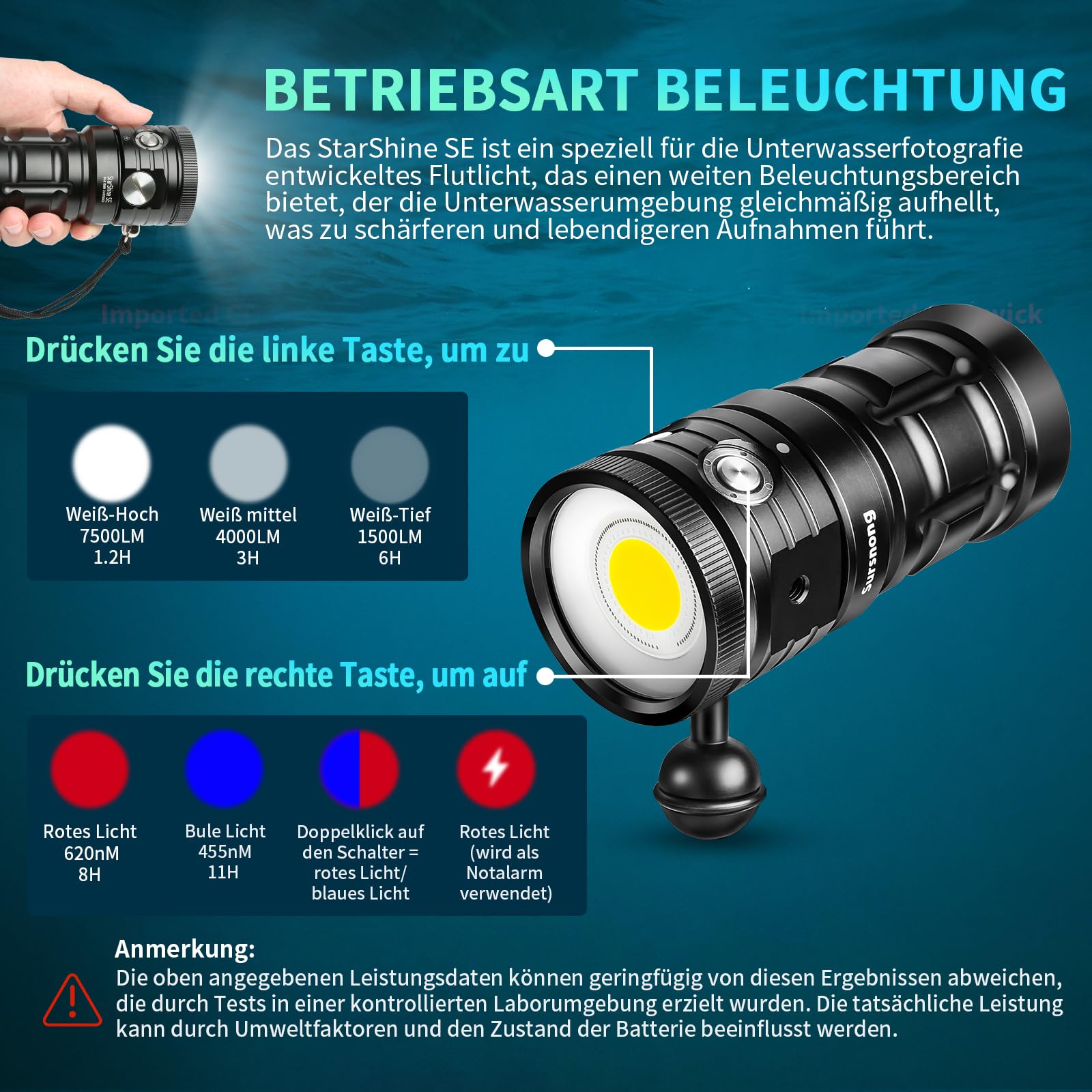 SE 8500 Lumens Tauchlampe - Professionelle Unterwasser-Videoleuchte mit 92 CRI, 5200K Weißes Licht, USB-C Aufladbar, für Tauchen/Unterwasserfotografie (IP68 Wasserdicht, 100m Tiefe)