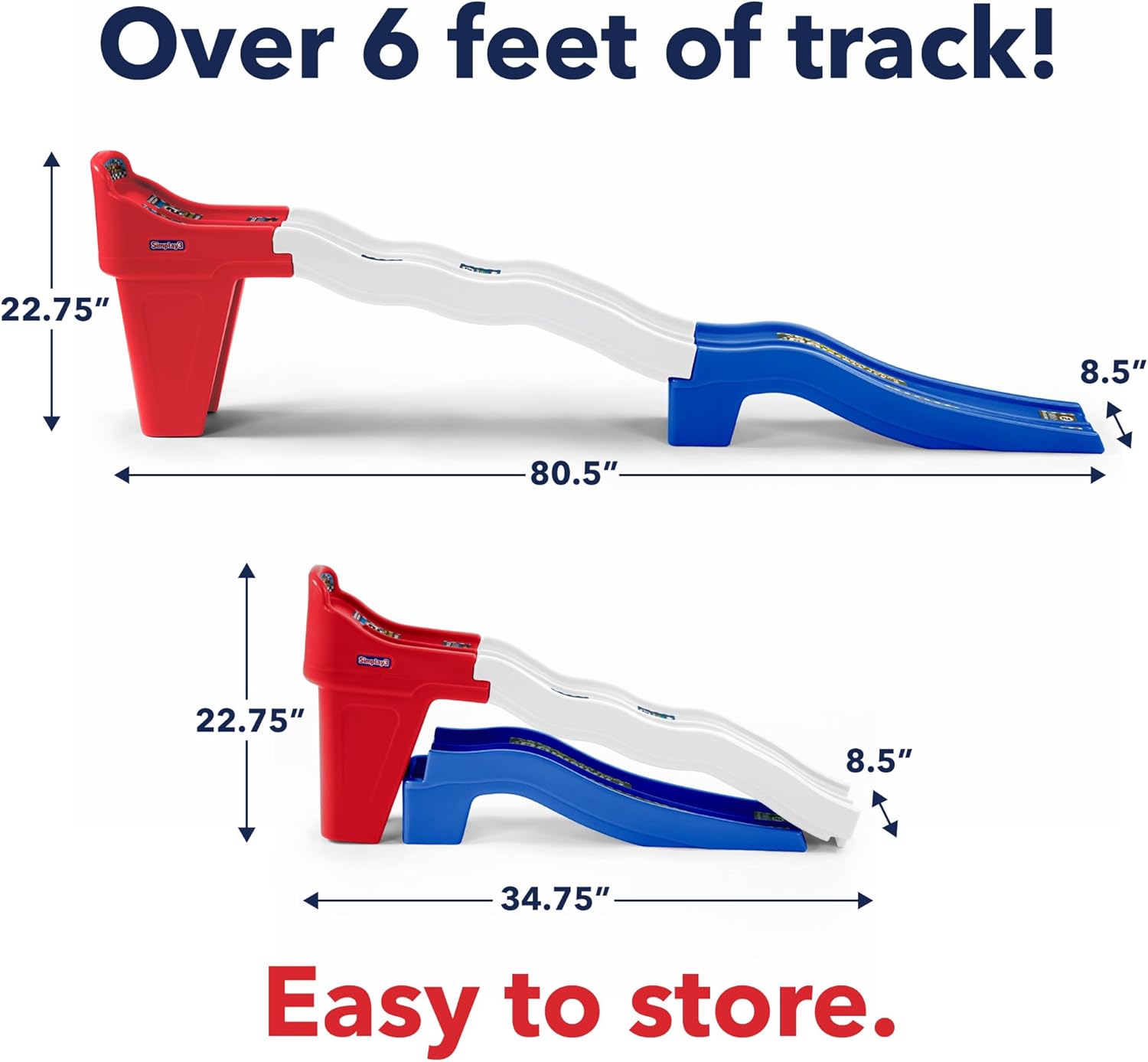 Simplay3 Limited Edition Fast Track Downhill Raceway, Dual Racetrack for Kids Cars for Toddlers, 2 Toy Race Cars Included, Made in USA, Red White & Blue