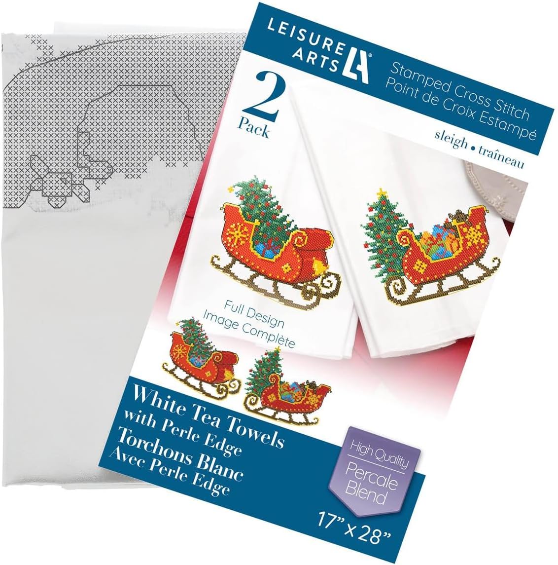 LEISURE ARTS Stamped Embroidery Tea Towels – 2 Pack Sleigh Designs 17”x28” | Beginner Hand Embroidery Kit for Adults | Perle Edge Cotton Blend Towels w/DMC, Anchor & Coats Floss Guide