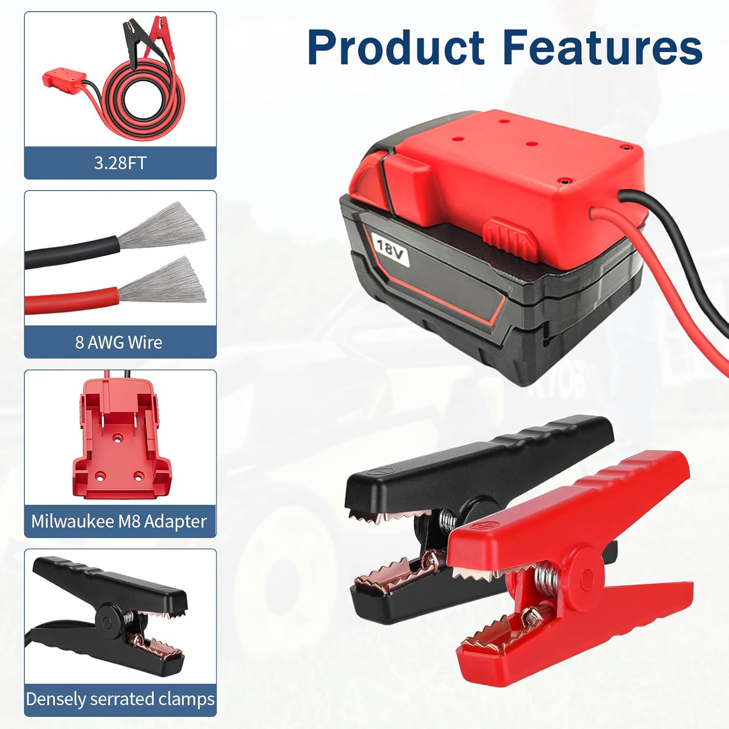 Jumper Cable Clamps for Milwaukee M18 18V Battery Jump Starter, 3.28FT 8AWG Car Battery Jumper Cable with Adapter, Automotive Battery Booster Cable for Tools used to Jump Start a Car - Image 3