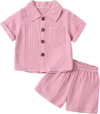 Girls Cotton Gauze Button-down Shirt and Shorts, Pink