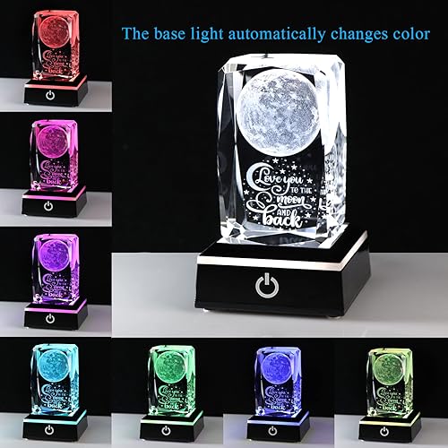 Miniatura 2 de Movdyka - Rosa de cristal grabada en 3D con texto I Love You to The Moon and Back con base de luz LED colorida, para aniversario, novia, cumpleaños,