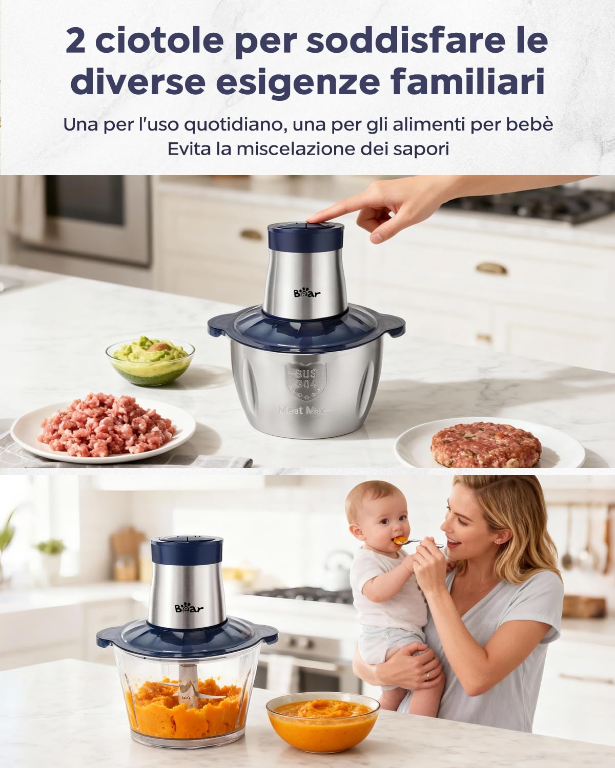 Bear 2L+1.8L Tritatutto elettrico, 600W 2 impostazioni di velocità, tritatutto con 4 lame in acciaio inox e tritacarne, contenitore in vetro Tritatutto per carne, alimenti per bambini, frutta, verdura