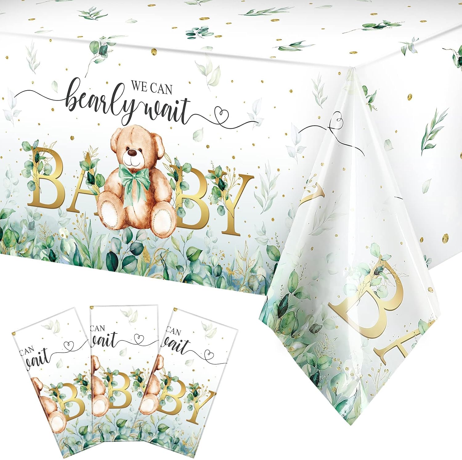 Bear Baby Shower Tablecloth Plastic Bear Table Cover We Can Bearly Wait Baby Tablecloth Bear Balloon Flower Leaves Table Cover for Kids Birthday Party and Baby Shower, 54 x 108 Inch (Green,3 Pack)