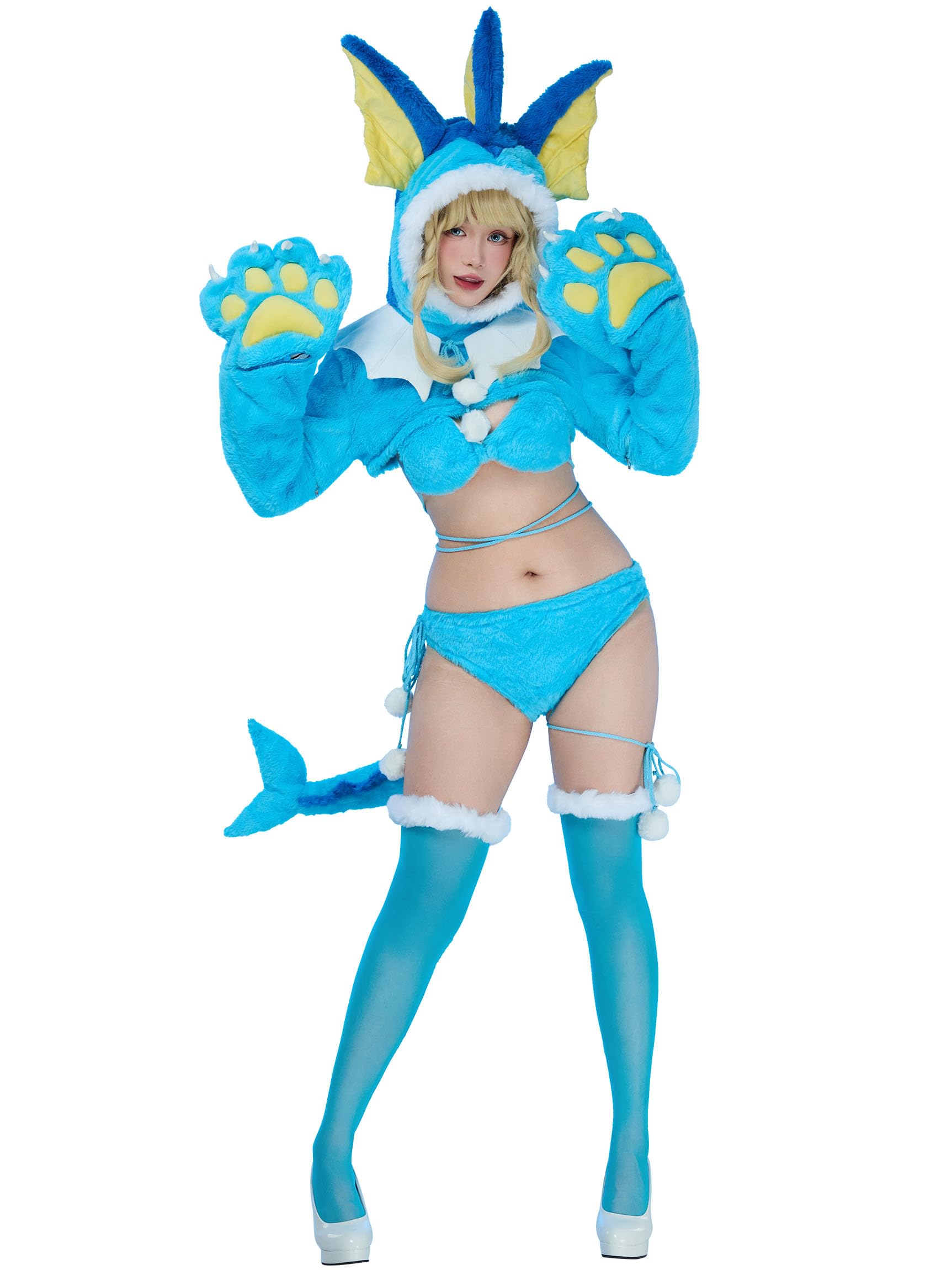 Mobbunny Women's Anime Cosplay Lingerie Set Blue Furry Paw Homewear Plush Paw Gloves Hoodie and Bra Panty with Stockings: Medium Blue