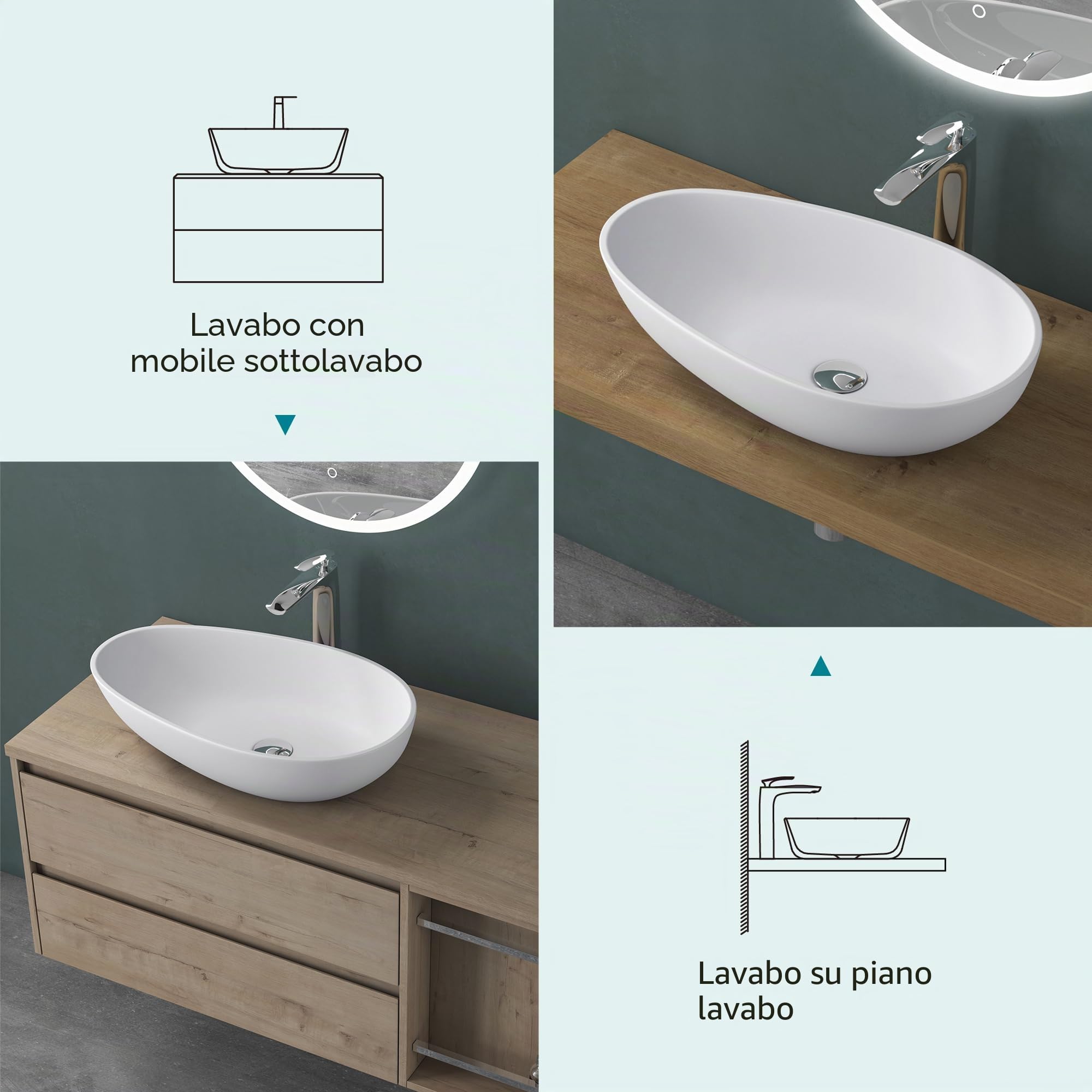 Mai & Mai Lavabo da Appoggio 59.8X36X14cm, Lavandino Bagno Ovale Colossum809 Lavabo da Marmo Fuso, Bianco Opaco