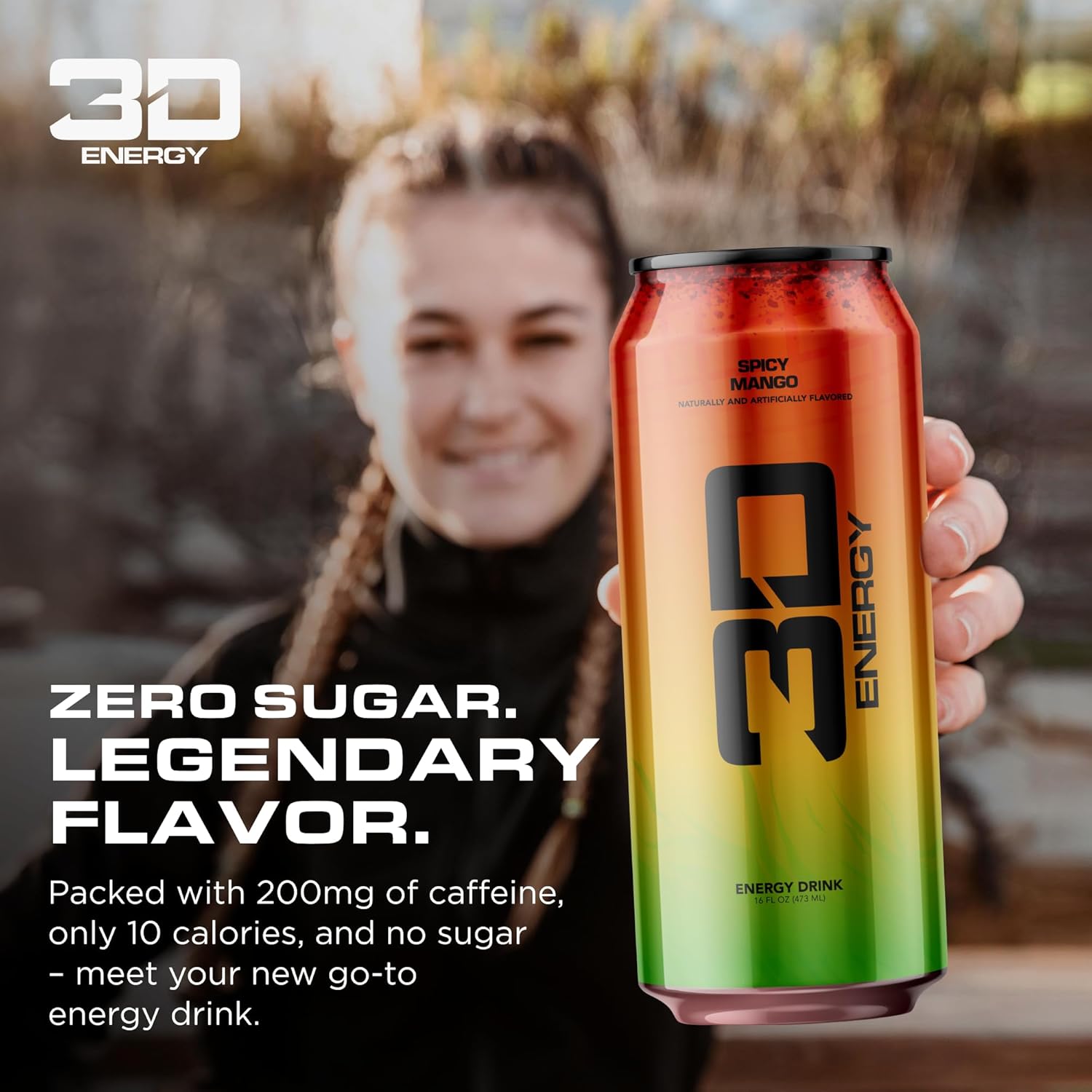 3D Sugar-Free Energy Drinks, Spicy Mango - Clean Energy Drink with 200mg Caffeine, Taurine & L-Carnitine - Pre Workout Fitness Drink for Gym, Exercise & Everyday Performance